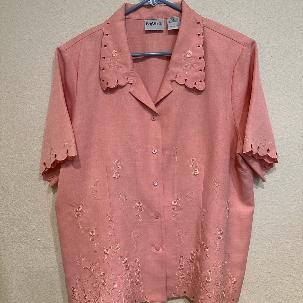 Bon Worth Coral Embroidered Button Down Shirt